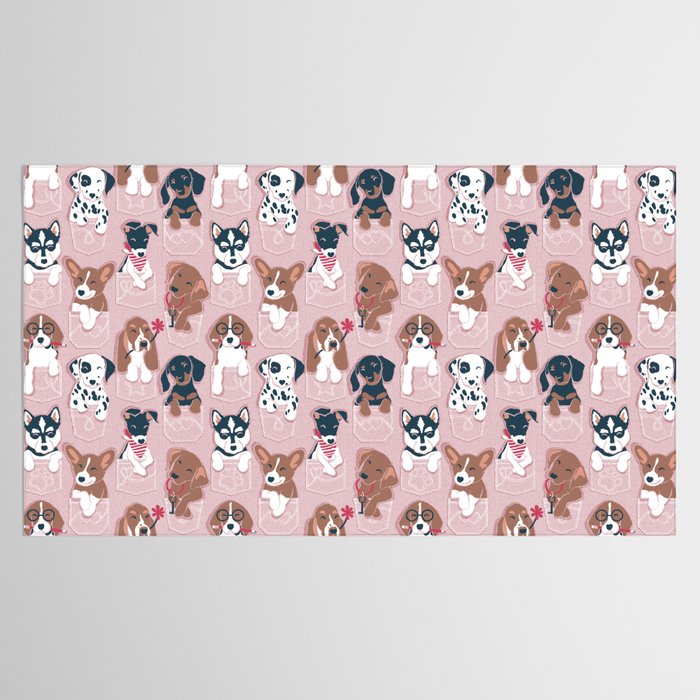 Pure love pockets I // blush pink background Dachshund Beagle Dalmatian Basset Hound Labrador Retriever Husky Welsh Corgi and Italian Greyhound dog puppies Tablecloth Gallery Image 2