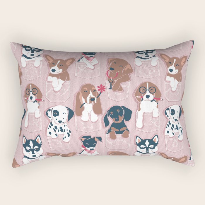 Pure love pockets I // blush pink background Dachshund Beagle Dalmatian Basset Hound Labrador Retriever Husky Welsh Corgi and Italian Greyhound dog puppies Rectangular Pillow Gallery Image 1