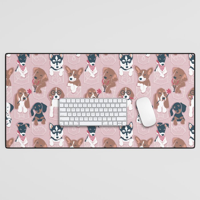 Pure love pockets I // blush pink background Dachshund Beagle Dalmatian Basset Hound Labrador Retriever Husky Welsh Corgi and Italian Greyhound dog puppies Desk Mat Gallery Image 1