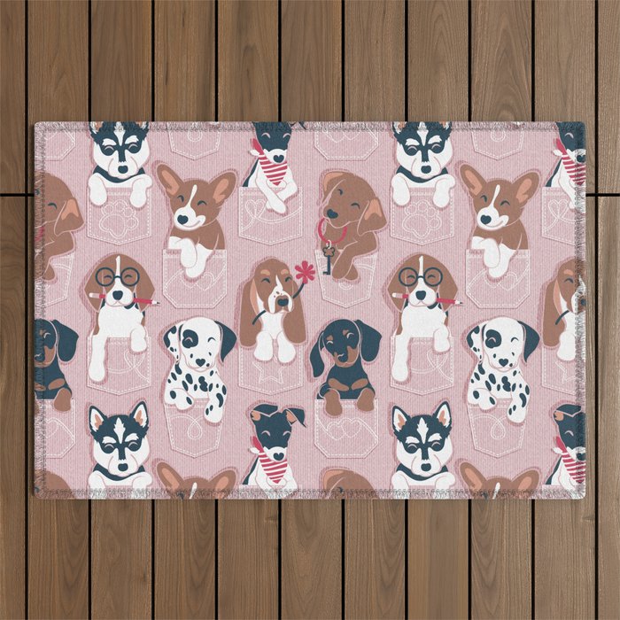Pure love pockets I // blush pink background Dachshund Beagle Dalmatian Basset Hound Labrador Retriever Husky Welsh Corgi and Italian Greyhound dog puppies Outdoor Rug Gallery Image 1