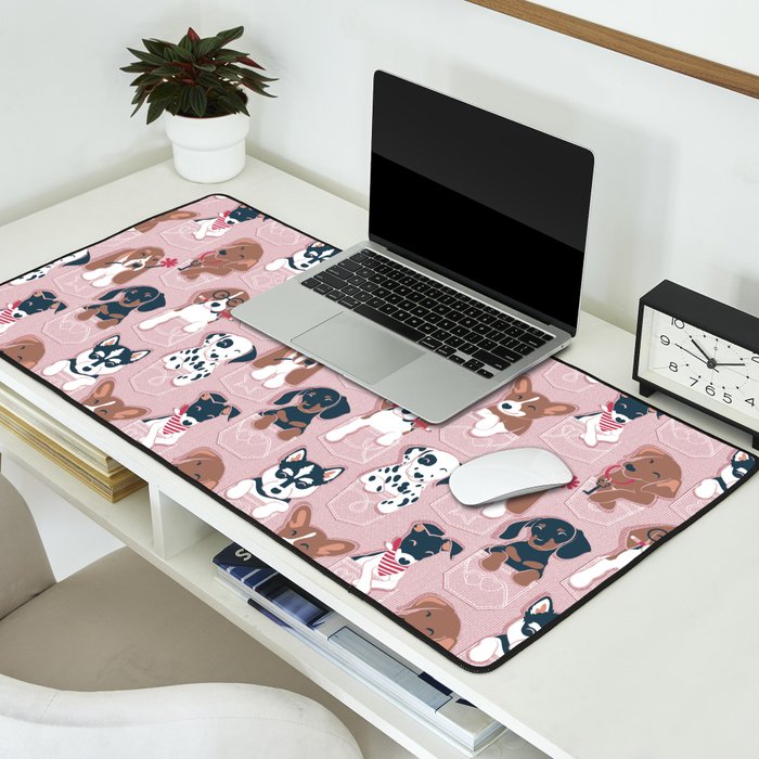 Pure love pockets I // blush pink background Dachshund Beagle Dalmatian Basset Hound Labrador Retriever Husky Welsh Corgi and Italian Greyhound dog puppies Desk Mat Gallery Image 2