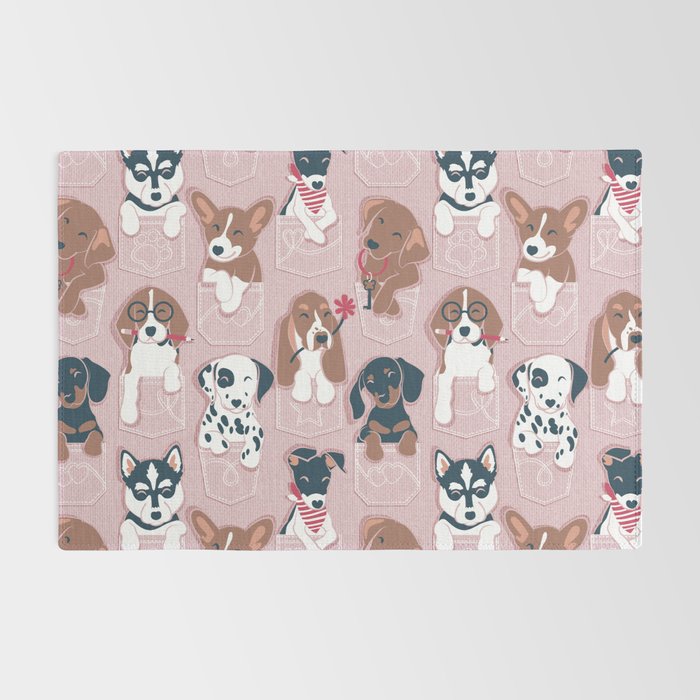 Pure love pockets I // blush pink background Dachshund Beagle Dalmatian Basset Hound Labrador Retriever Husky Welsh Corgi and Italian Greyhound dog puppies Rug Gallery Image 2