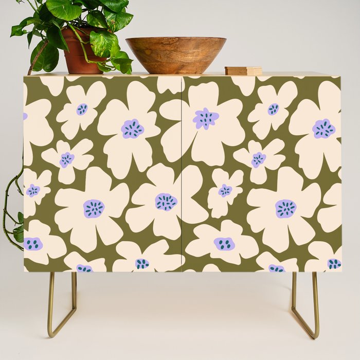 Retro Daisy - cream, purple and dark olive  Credenza Gallery Image 1