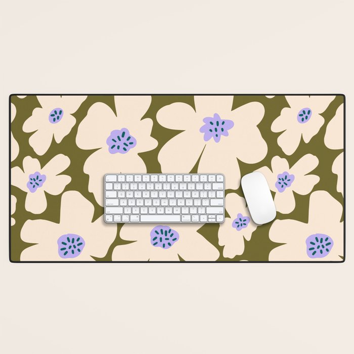 Retro Daisy - cream, purple and dark olive  Desk Mat Gallery Image 1
