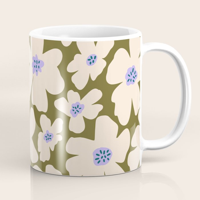 Retro Daisy - cream, purple and dark olive  Coffee Mug Gallery Image 1