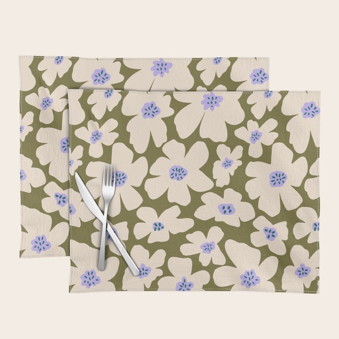 Retro Daisy - cream, purple and dark olive  Placemat Gallery Image 1