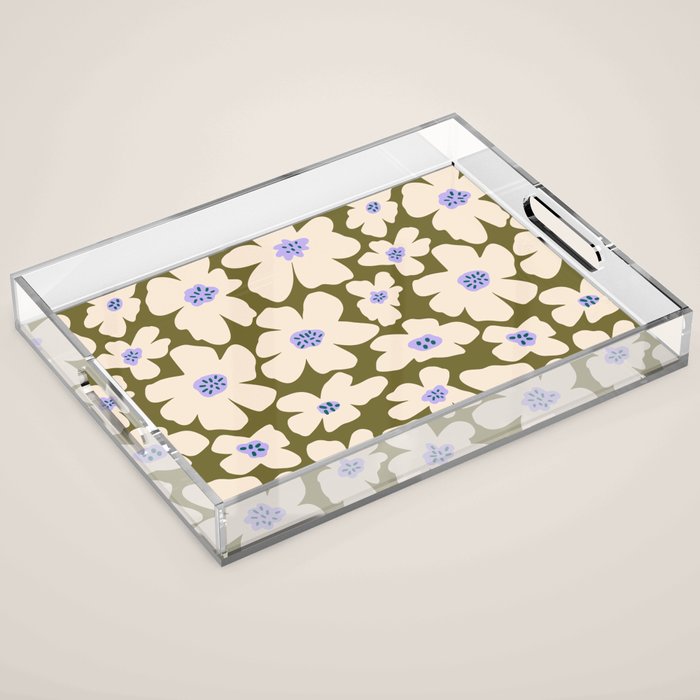 Retro Daisy - cream, purple and dark olive  Acrylic Tray Gallery Image 1