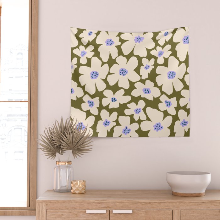 Retro Daisy - cream, purple and dark olive  Wall Tapestry Gallery Image 2