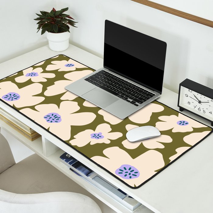 Retro Daisy - cream, purple and dark olive  Desk Mat Gallery Image 2