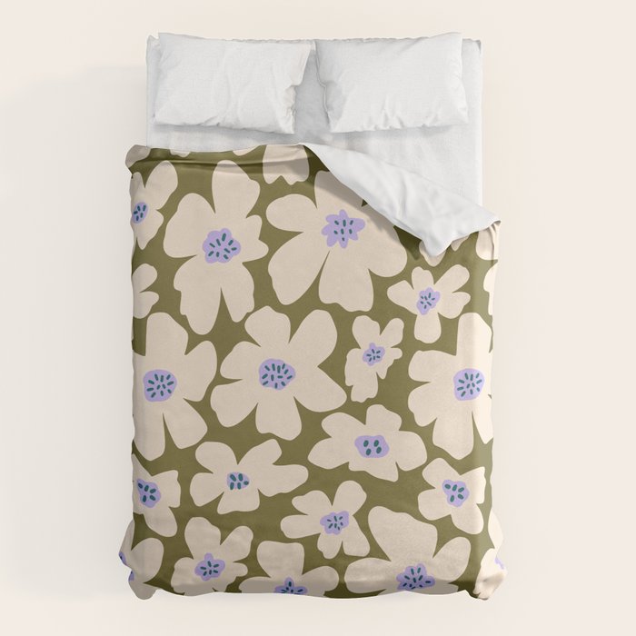 Retro Daisy - cream, purple and dark olive  Duvet Cover Gallery Image 1