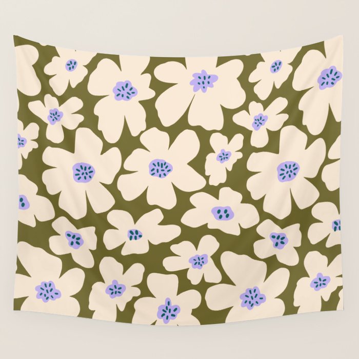 Retro Daisy - cream, purple and dark olive  Wall Tapestry Gallery Image 4