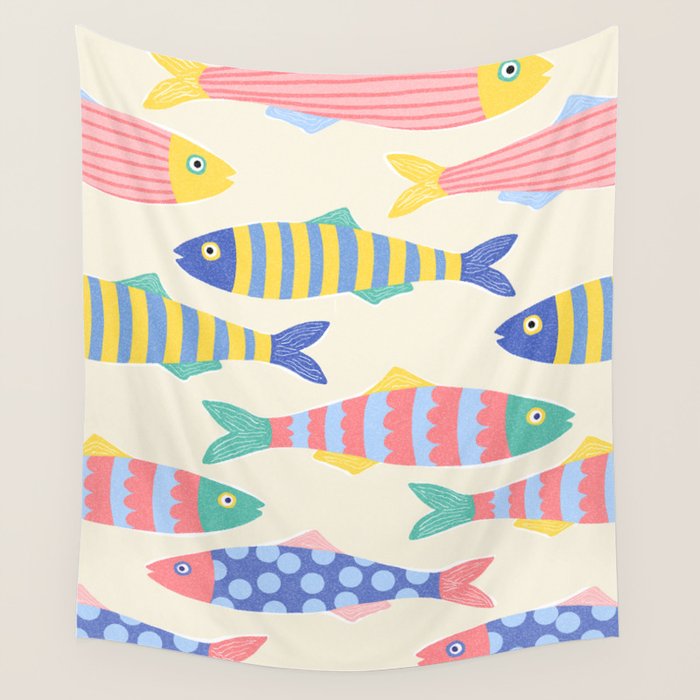 SEA LA VIE - Coastal Pun Fish Art with dots and stripes  Wall Tapestry Gallery Image 4