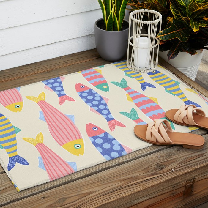 SEA LA VIE - Coastal Pun Fish Art with dots and stripes  Outdoor Rug Gallery Image 2