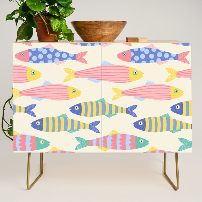 SEA LA VIE - Coastal Pun Fish Art with dots and stripes  Credenza Gallery Image 1