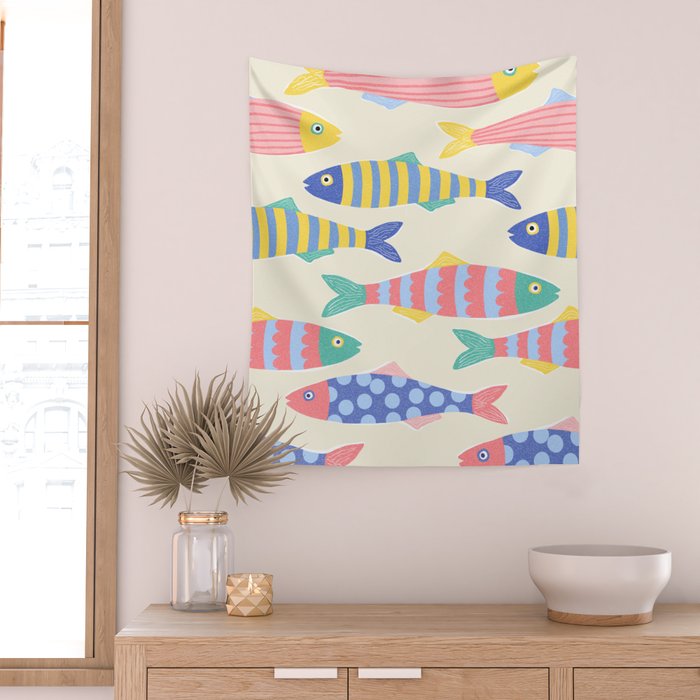 SEA LA VIE - Coastal Pun Fish Art with dots and stripes  Wall Tapestry Gallery Image 2
