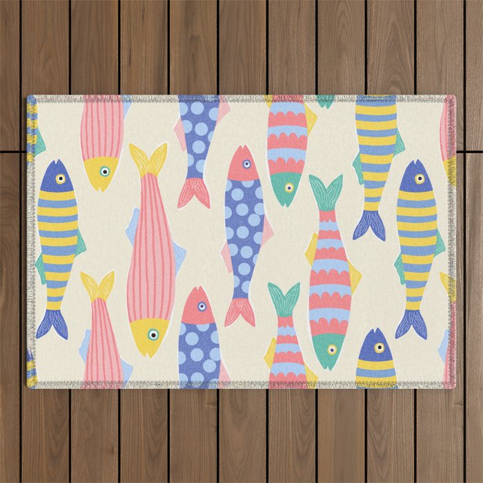 SEA LA VIE - Coastal Pun Fish Art with dots and stripes  Outdoor Rug Gallery Image 1