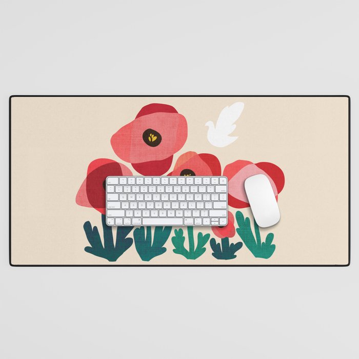Poppy flowers and bird Desk Mat Gallery Image 1