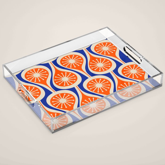 Mid Century Modern Atomic Drops Retro Pattern Bright Blue Orange Beige Acrylic Tray Gallery Image 1