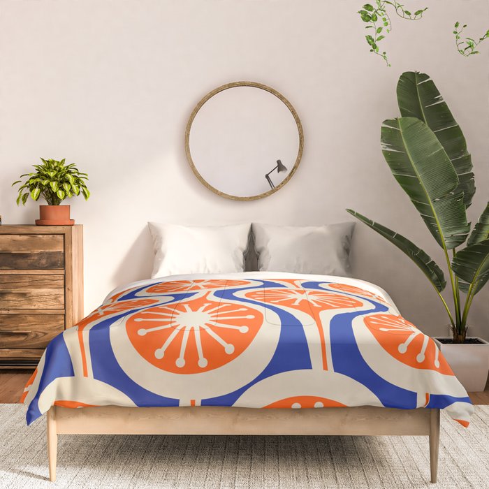 Mid Century Modern Atomic Drops Retro Pattern Bright Blue Orange Beige Comforter Gallery Image 3