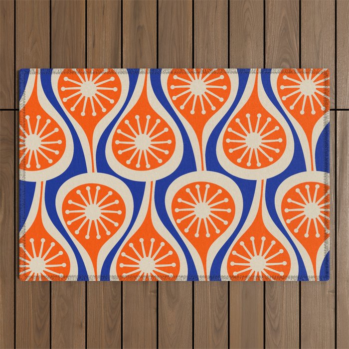 Mid Century Modern Atomic Drops Retro Pattern Bright Blue Orange Beige Outdoor Rug Gallery Image 1