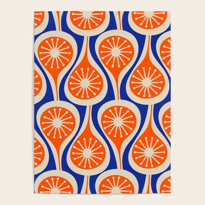 Mid Century Modern Atomic Drops Retro Pattern Bright Blue Orange Beige Poster Gallery Image 1