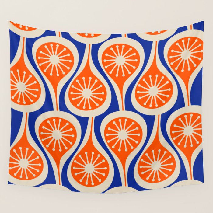 Mid Century Modern Atomic Drops Retro Pattern Bright Blue Orange Beige Wall Tapestry Gallery Image 4