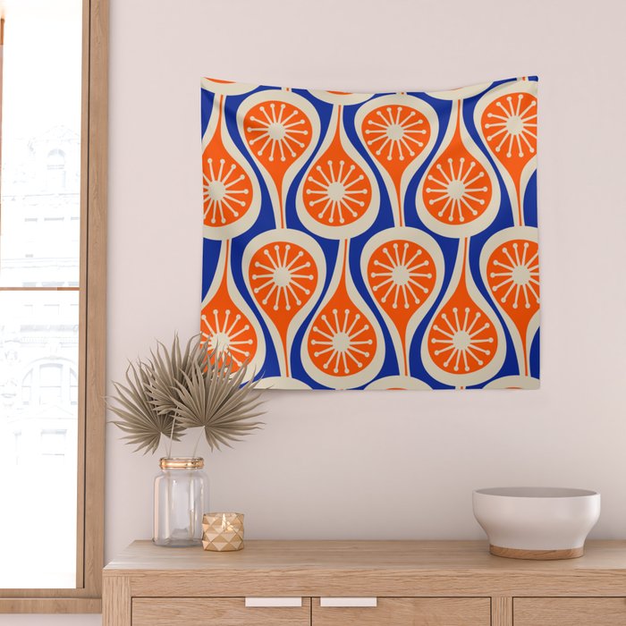 Mid Century Modern Atomic Drops Retro Pattern Bright Blue Orange Beige Wall Tapestry Gallery Image 2