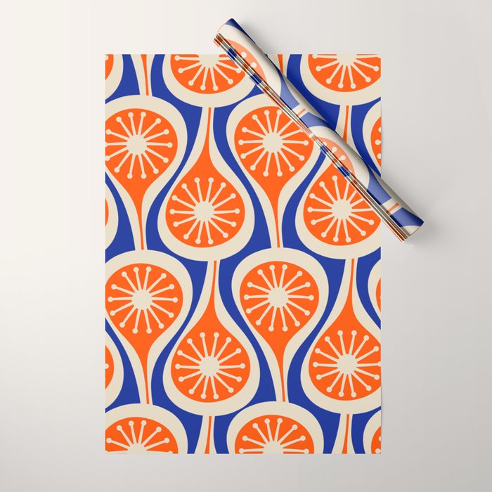 Mid Century Modern Atomic Drops Retro Pattern Bright Blue Orange Beige Wrapping Paper Gallery Image 1