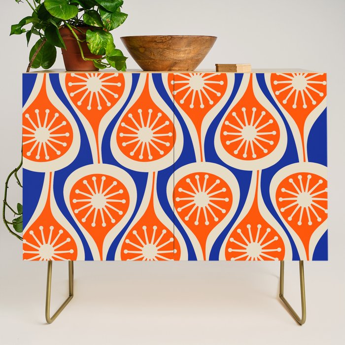 Mid Century Modern Atomic Drops Retro Pattern Bright Blue Orange Beige Credenza Gallery Image 1