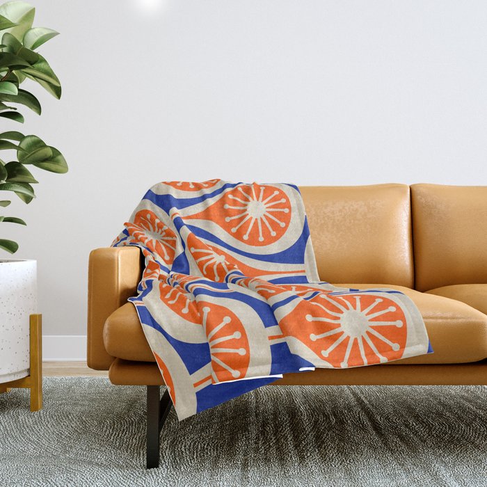 Mid Century Modern Atomic Drops Retro Pattern Bright Blue Orange Beige Throw Blanket Gallery Image 1