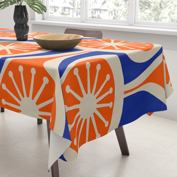 Mid Century Modern Atomic Drops Retro Pattern Bright Blue Orange Beige Tablecloth Gallery Image 3