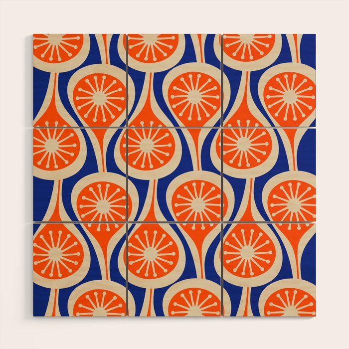 Mid Century Modern Atomic Drops Retro Pattern Bright Blue Orange Beige Wood Wall Art Gallery Image 1