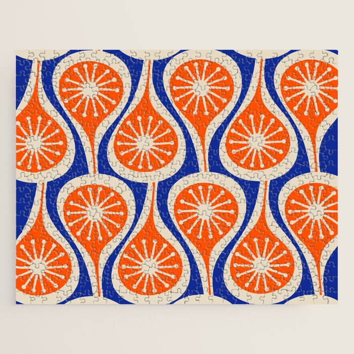 Mid Century Modern Atomic Drops Retro Pattern Bright Blue Orange Beige Jigsaw Puzzle Gallery Image 1
