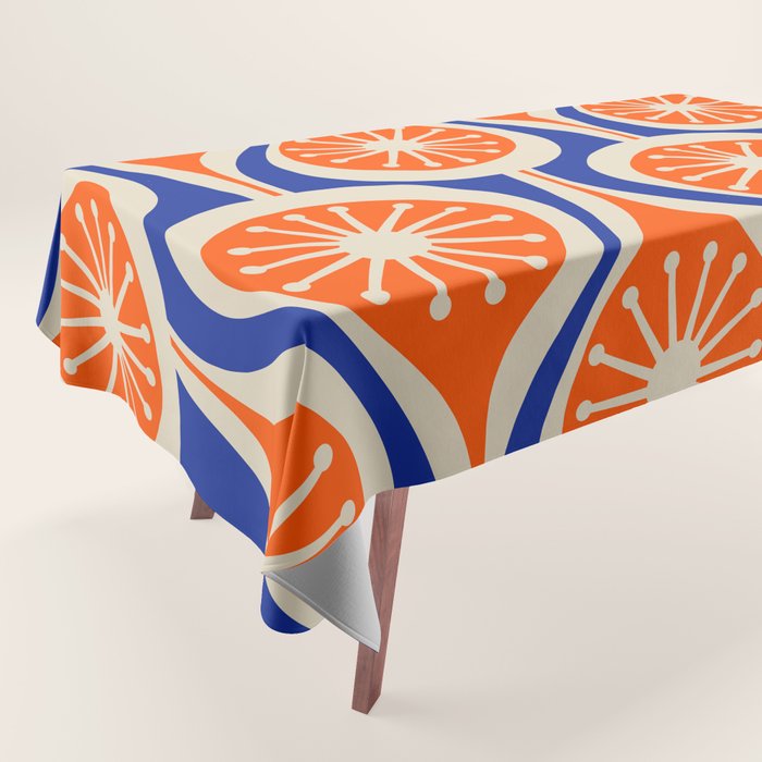 Mid Century Modern Atomic Drops Retro Pattern Bright Blue Orange Beige Tablecloth Gallery Image 1
