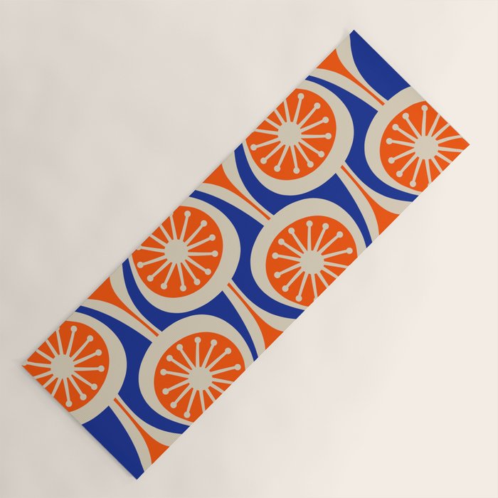 Mid Century Modern Atomic Drops Retro Pattern Bright Blue Orange Beige Yoga Mat Gallery Image 1