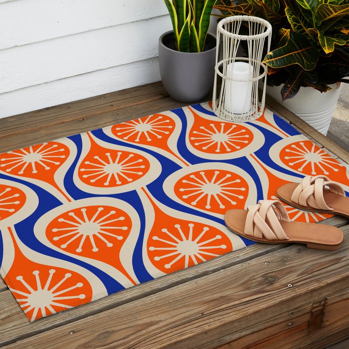 Mid Century Modern Atomic Drops Retro Pattern Bright Blue Orange Beige Outdoor Rug Gallery Image 2