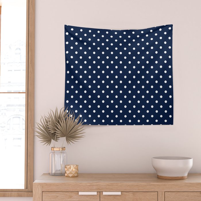 Polka Dot Classic Pattern in Nautical Navy Blue and White Wall Tapestry Gallery Image 2