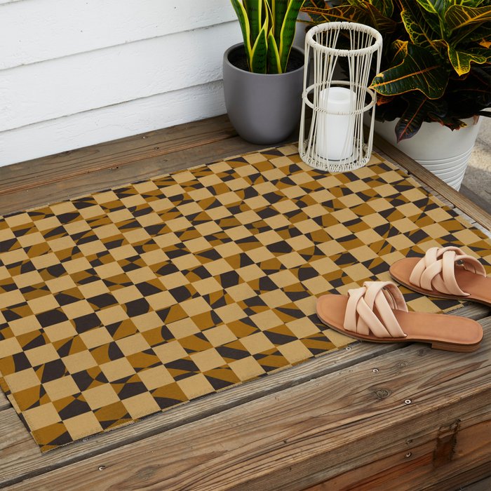 Abstract checked in golden ochre Outdoor Rug Gallery Image 2