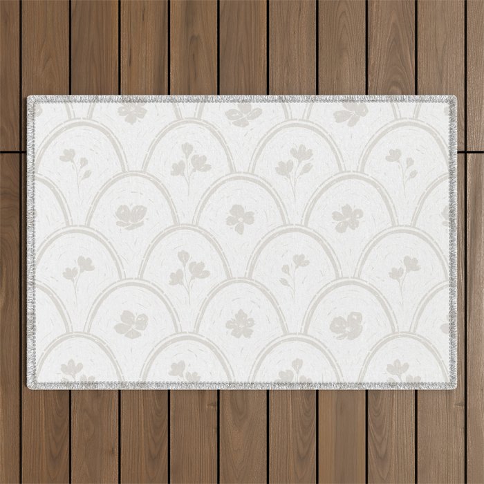 Rustic scallop floral block print - natural soft mushroom pattern Outdoor Rug Gallery Image 1