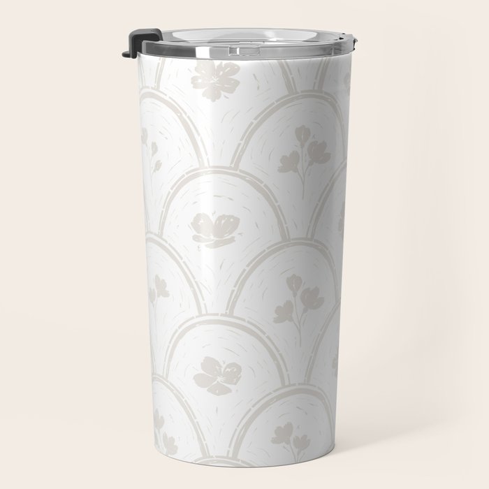 Rustic scallop floral block print - natural soft mushroom pattern Travel Mug Gallery Image 3