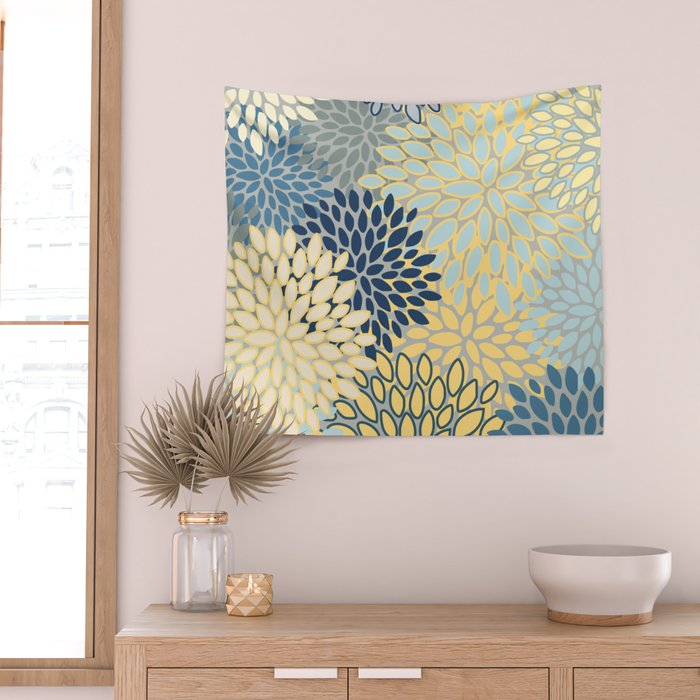 Floral Print, Yellow, Gray, Blue, Teal Wall Tapestry Gallery Image 2