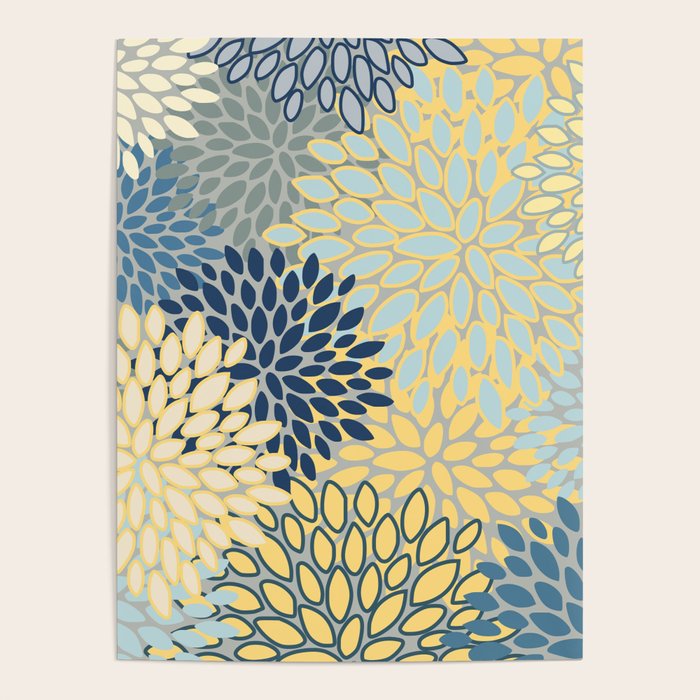 Floral Print, Yellow, Gray, Blue, Teal Poster Gallery Image 1