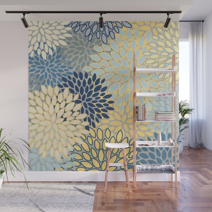 Floral Print, Yellow, Gray, Blue, Teal Wall Mural Gallery Image 1