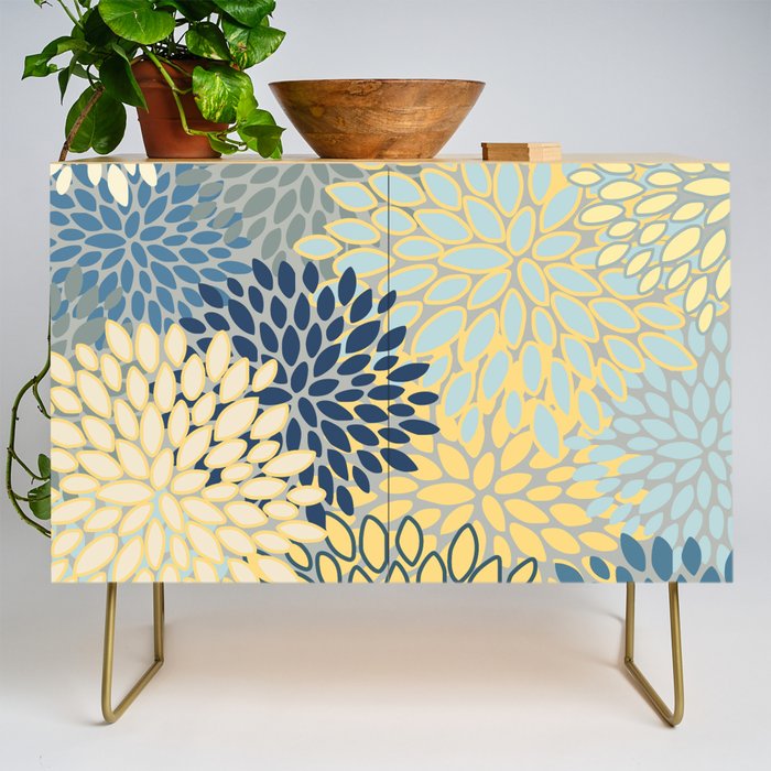 Floral Print, Yellow, Gray, Blue, Teal Credenza Gallery Image 1