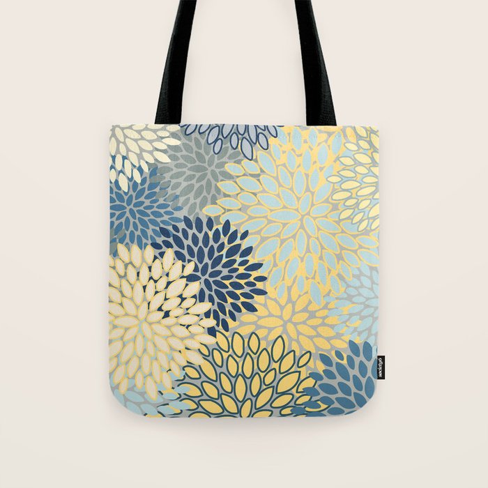 Floral Print, Yellow, Gray, Blue, Teal Tote Bag Gallery Image 1