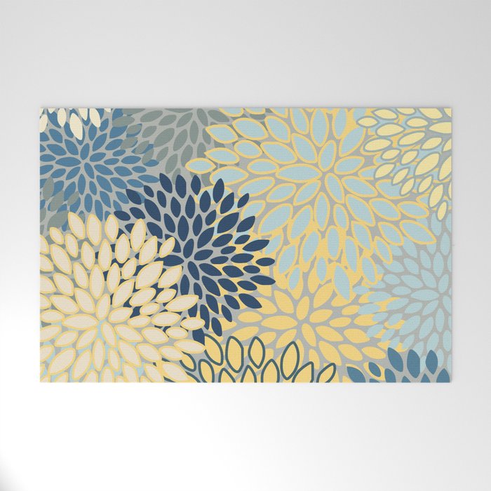 Floral Print, Yellow, Gray, Blue, Teal Welcome Mat Gallery Image 1