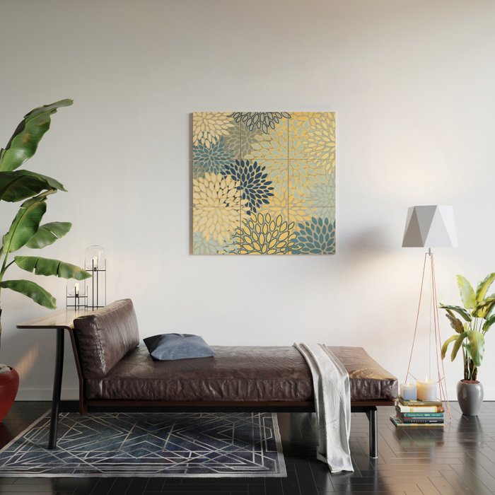 Floral Print, Yellow, Gray, Blue, Teal Wood Wall Art Gallery Image 2