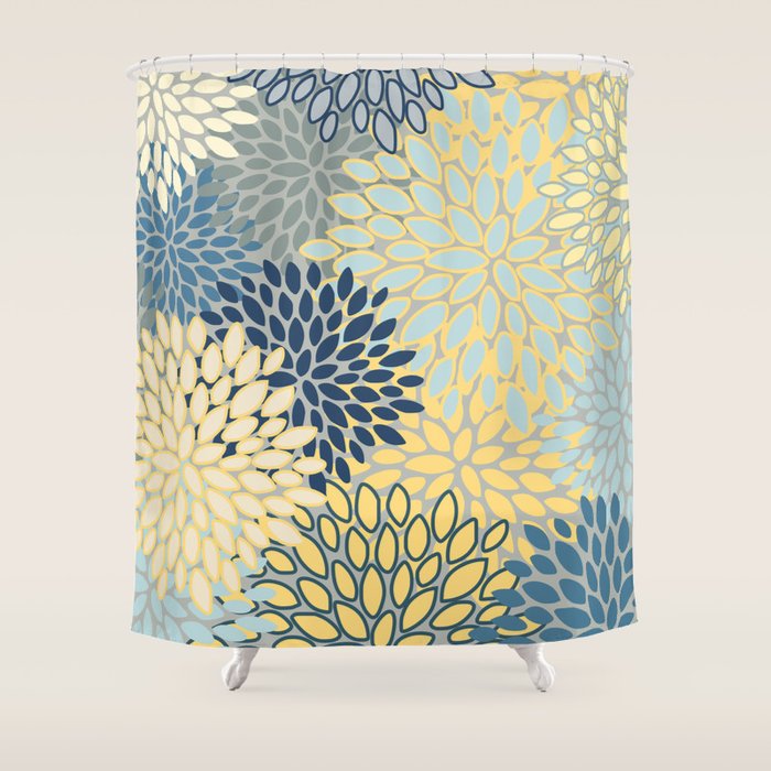 Floral Print, Yellow, Gray, Blue, Teal Shower Curtain Gallery Image 1