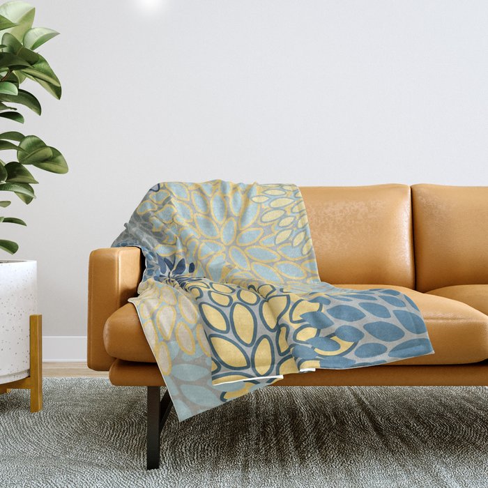 Floral Print, Yellow, Gray, Blue, Teal Throw Blanket Gallery Image 1