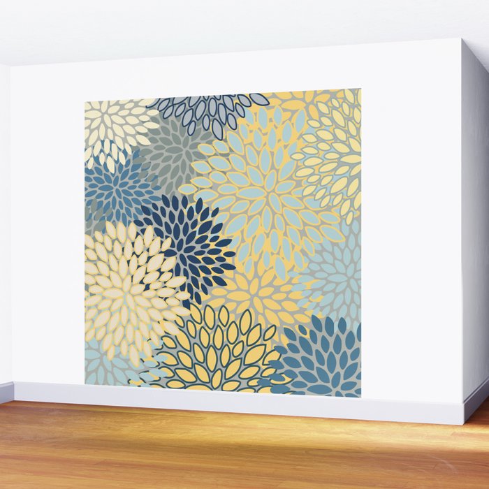 Floral Print, Yellow, Gray, Blue, Teal Wall Mural Gallery Image 2